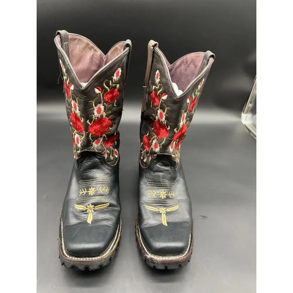 Women’s Genuine Leather Red Rose Black Nobuck Square Toe Western Cowgirl Boot
